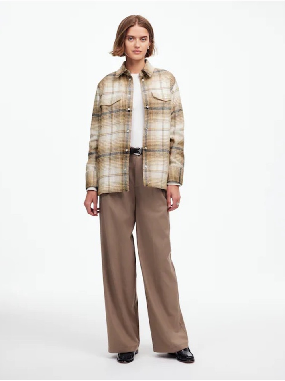 Madewell Flannel Button-Up Shacket in Beige and Cream